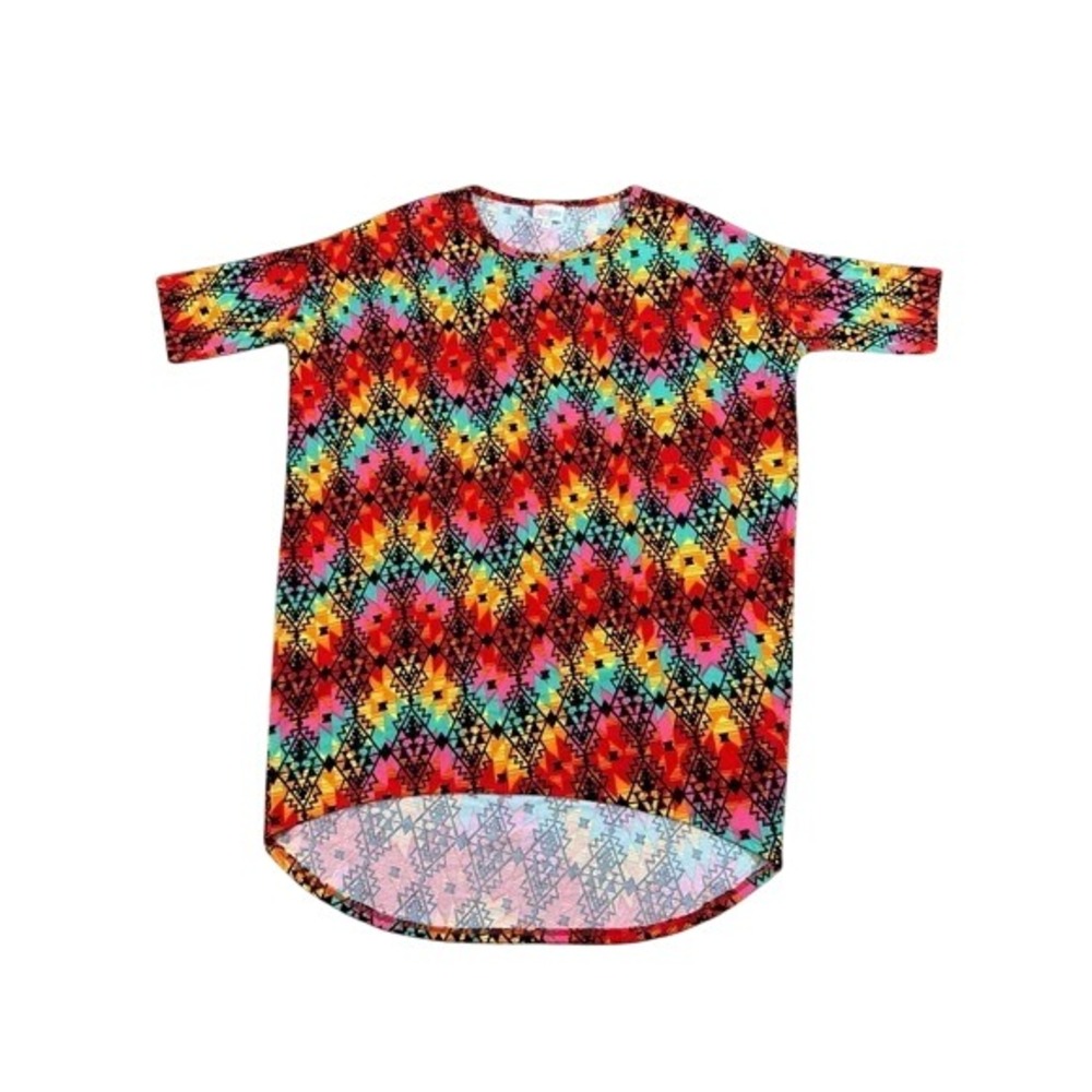 Lularoe Blouse SzXS Irma Aztec Geometic red yellow teal Boho Retro Festival
